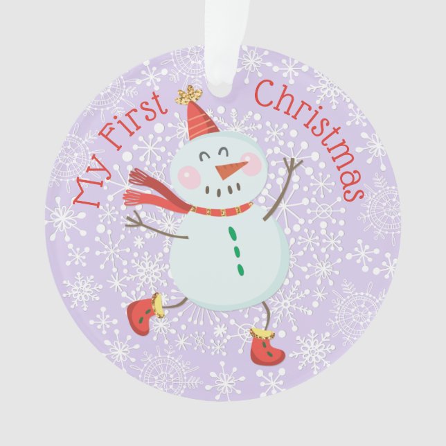 My First Christmas Baby Photo Snowman Snowflakes Ornament (Front)