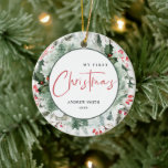 My First Christmas Baby Pine Berry Wreath Photo Ceramic Ornament<br><div class="desc">If you need any further customization please feel free to message me on yellowfebstudio@gmail.com.</div>