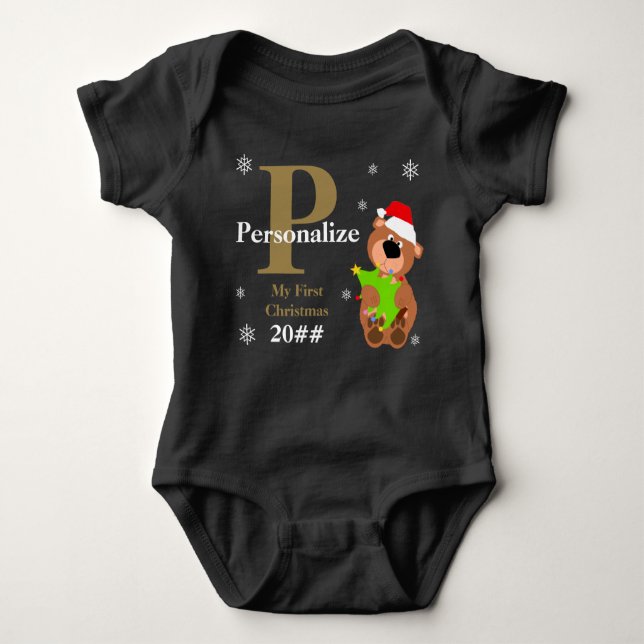 My First Christmas Bear Christmas Tree Monogram Ba Baby Bodysuit (Front)
