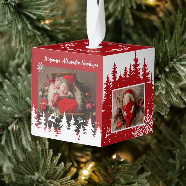 My First Christmas Birth Stats Photo  Cube Ornament (Tree)