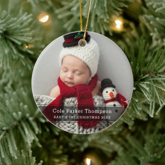 My First Christmas Black Stripe Custom Baby Photo Ceramic Ornament (Tree)