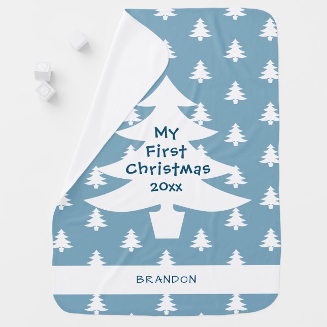 My First Christmas Blue Baby Boy Personalized Blanket (In Situ)