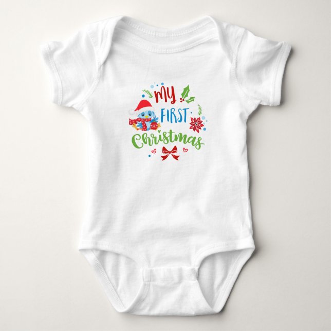 My First Christmas Blue Bird in Santa Hat Baby Bodysuit (Front)