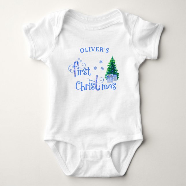 My First Christmas Blue Christmas Tree and Gifts Baby Bodysuit (Front)