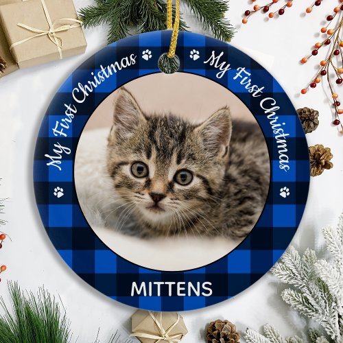 My First Christmas Blue Plaid Cat Kitten Pet Photo Ceramic Ornament
