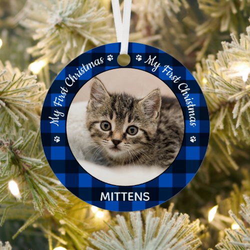 My First Christmas Blue Plaid Cat Kitten Pet Photo Metal Ornament