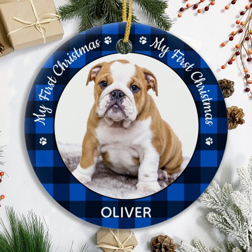 My First Christmas Blue Plaid Dog Puppy Pet Photo Ceramic Ornament