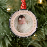 My First Christmas Blush Gold Custom Baby Photo Metal Ornament<br><div class="desc">Personalize this modern and elegant 'My First Christmas' ornament with your baby girl's photo, her full name, and the year of her birth. Elegant pastel blush pink and gold colored round-shaped text and snowflake accents beautifully frames her photo. Photo tip: crop photo to a square format before uploading to the...</div>