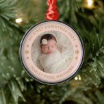 My First Christmas Blush Gold Custom Baby Photo Metal Ornament<br><div class="desc">Personalize this modern and elegant 'My First Christmas' ornament with your baby girl's photo, her full name, and the year of her birth. Elegant pastel blush pink and gold colored round-shaped text and snowflake accents beautifully frames her photo. Photo tip: crop photo to a square format before uploading to the...</div>