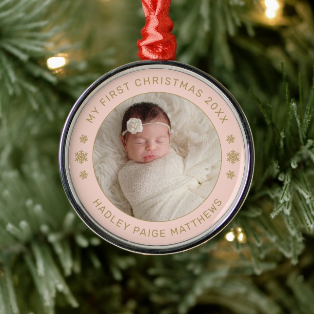 My First Christmas Blush Gold Custom Baby Photo Metal Ornament (Tree)