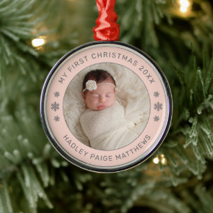 My First Christmas Blush Personalized Baby Photo Metal Ornament
