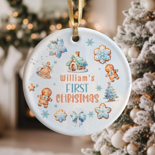 My first Christmas Boy Cookie blue snowflake Ceramic Ornament (Creator Uploaded)