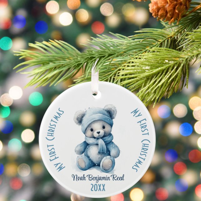 My First Christmas Boy Custom Name Blue Bear Ceramic Ornament (Creator Uploaded)
