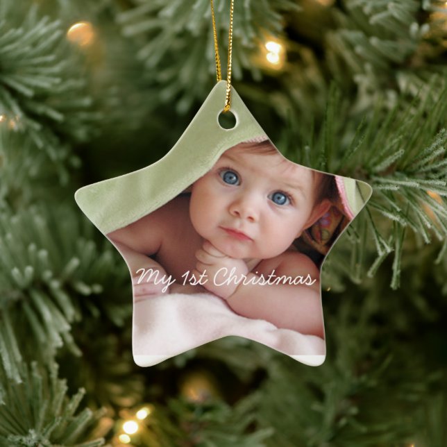 My First Christmas Bright Pink Dots Photo Ornament (Tree)