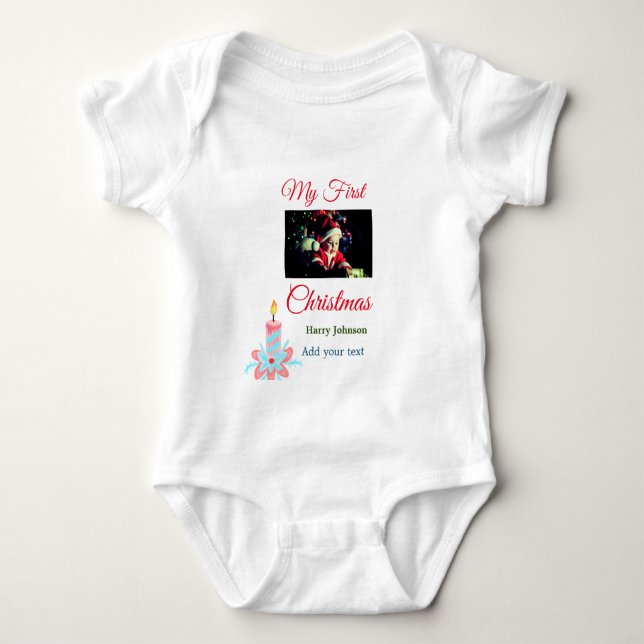 My first Christmas candle add baby photo name leav Baby Bodysuit (Front)