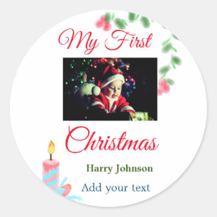 My first Christmas candle add baby photo name leav Classic Round Sticker
