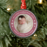 My First Christmas Cassis Personalized Baby Photo Metal Ornament<br><div class="desc">Personalize this modern and elegant 'My First Christmas' ornament with your baby girl's photo, her full name, and the year of her birth. Elegant cassis (a pretty combination of dusty rose and mauve purple) and white round-shaped text and snowflake accents beautifully frames her photo. Photo tip: crop photo to a...</div>