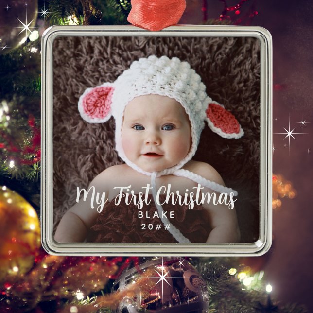 My First Christmas Childs Photo Name Year Metal Ornament (Personalize with a photo, child's name and year.)