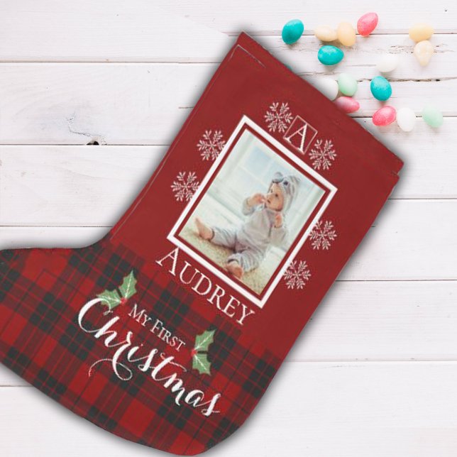 My First Christmas Custom Monogram photo Large Christmas Stocking (Creator Uploaded)