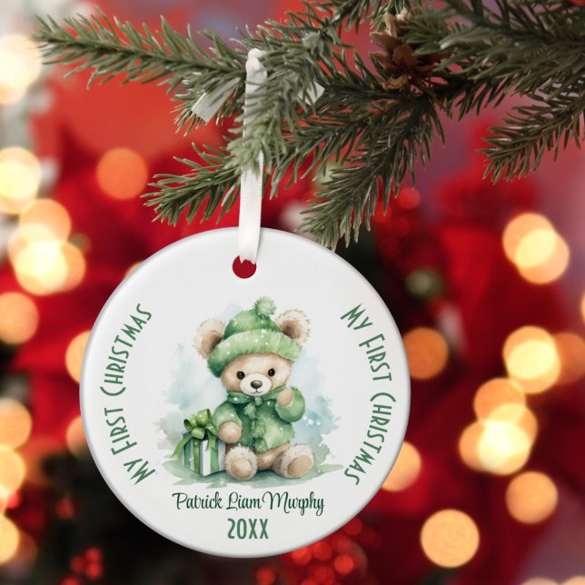 My First Christmas Custom Name Green Bear Ceramic Ornament (Creator Uploaded)