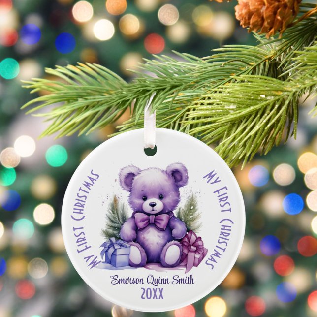 My First Christmas Custom Name Purple Bear Ceramic Ornament (Creator Uploaded)