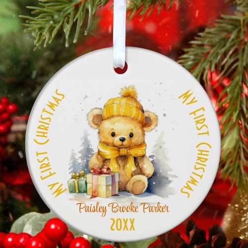 My First Christmas Custom Name Yellow Bear Ceramic Ornament