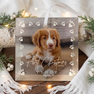 My First Christmas Custom Pet Dog Photo Paw Print Glass Ornament