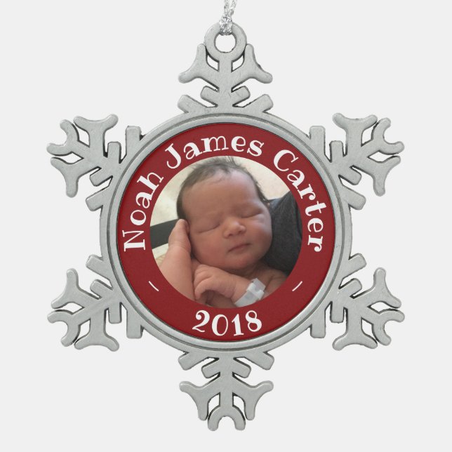 My First Christmas Custom Photo Keepsake 2018 Snowflake Pewter Christmas Ornament (Front)