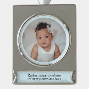 My First Christmas Custom Photo Name Cute Blue Silver Plated Banner Ornament