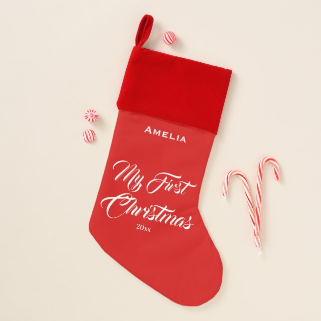 My First Christmas | Custom Red Baby's First Stocking (Front)