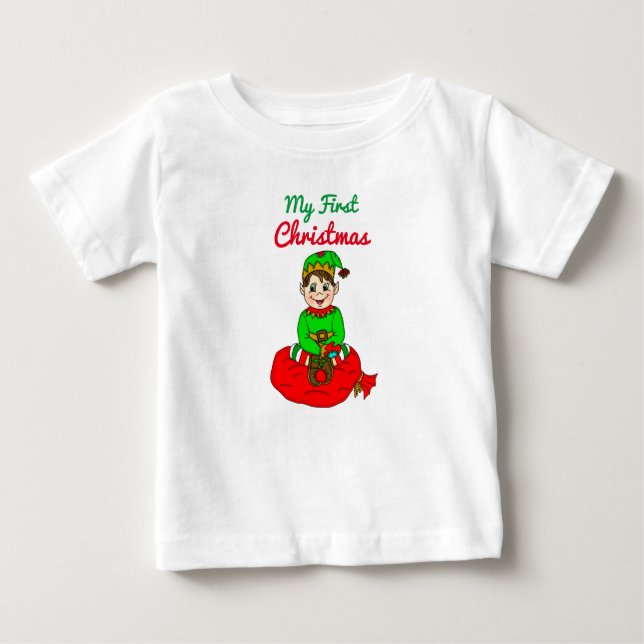 My First Christmas Cute Cartoon Elf Baby  Baby T-Shirt (Front)