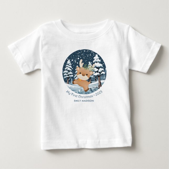 My First Christmas Cute Deer in Snow Baby T-Shirt (Front)