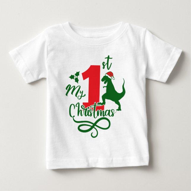 My First Christmas Cute Dinosaur Dino Baby T-Shirt (Front)