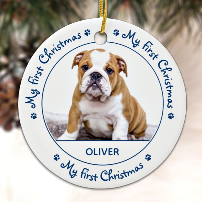 My First Christmas - Cute Dog Blue Puppy Pet Photo Ceramic Ornament (Creator Uploaded)