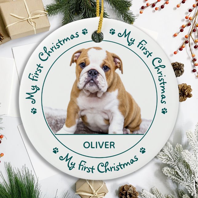 My First Christmas- Cute Dog Green Puppy Pet Photo Ceramic Ornament (Creator Uploaded)