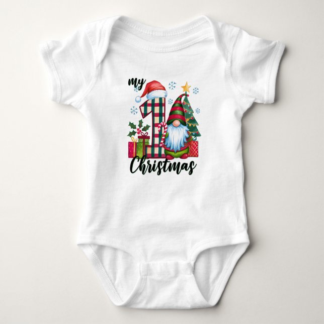 My First Christmas Cute Gnome Baby Bodysuit (Front)