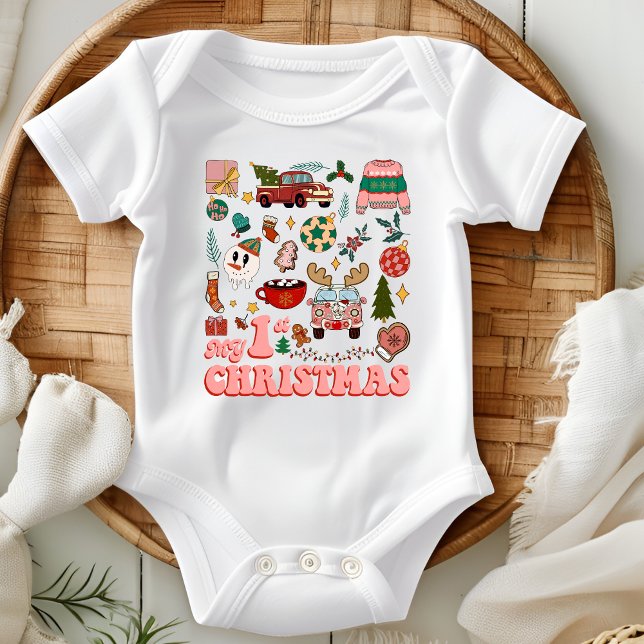 My First Christmas Cute Groovy Retro Images Baby Bodysuit (Creator Uploaded)