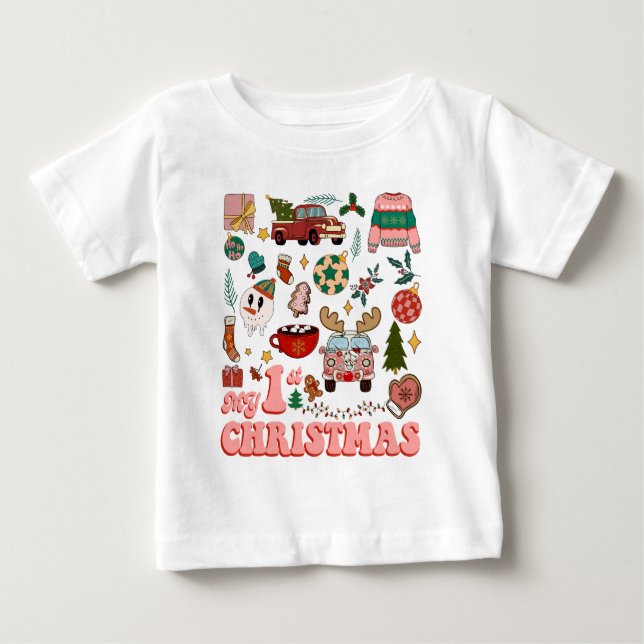 My First Christmas Cute Groovy Retro Images Baby T-Shirt (Front)