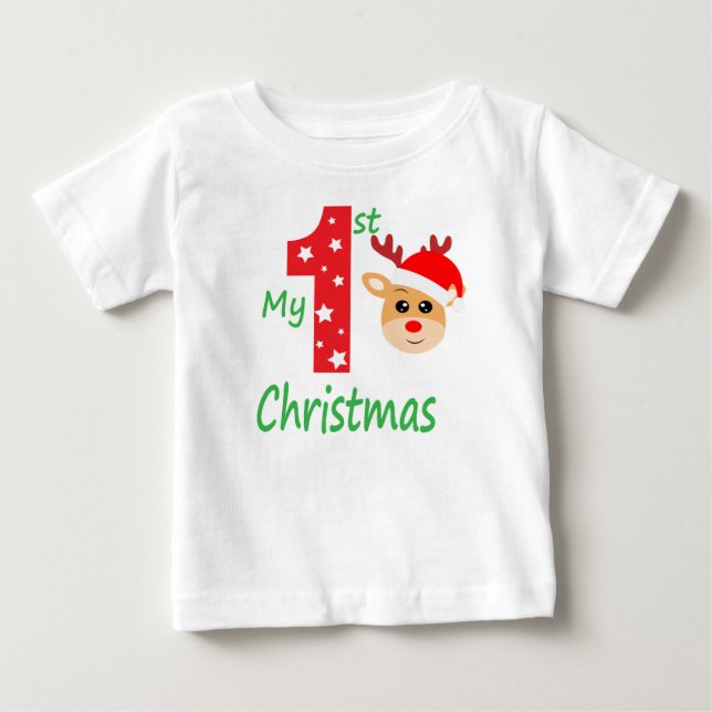 My First Christmas Cute Modern Reindeer Baby T-Shirt (Front)