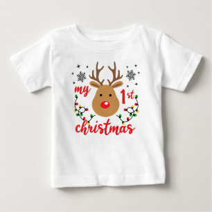 My First Christmas Cute Modern Reindeer Snowflakes Baby T-Shirt