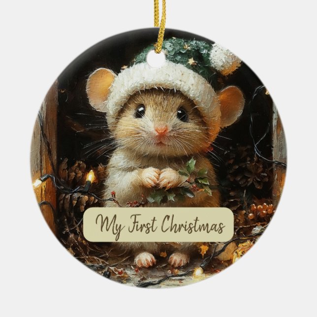 My First Christmas Cute Mouse Baby Name Ceramic Ornament (Front)