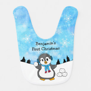 My First Christmas, Cute Penguin and Snowflakes Baby Bib