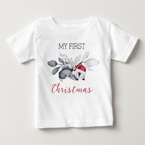 My First Christmas Cute Penguin Modern Botanical Baby T_Shirt