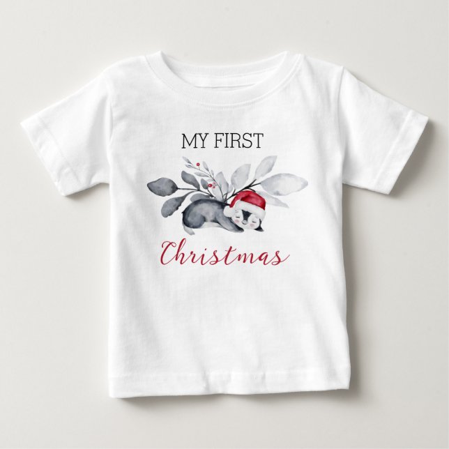 My First Christmas Cute Penguin Modern Botanical Baby T-Shirt (Front)