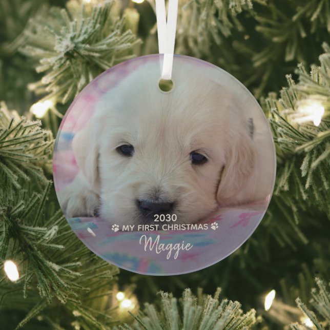 My First Christmas - Cute Puppy Dog Pet Photo Glass Ornament (Insitu)