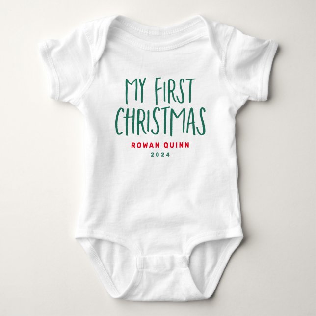 My first Christmas cute red green personalized Baby Bodysuit (Front)
