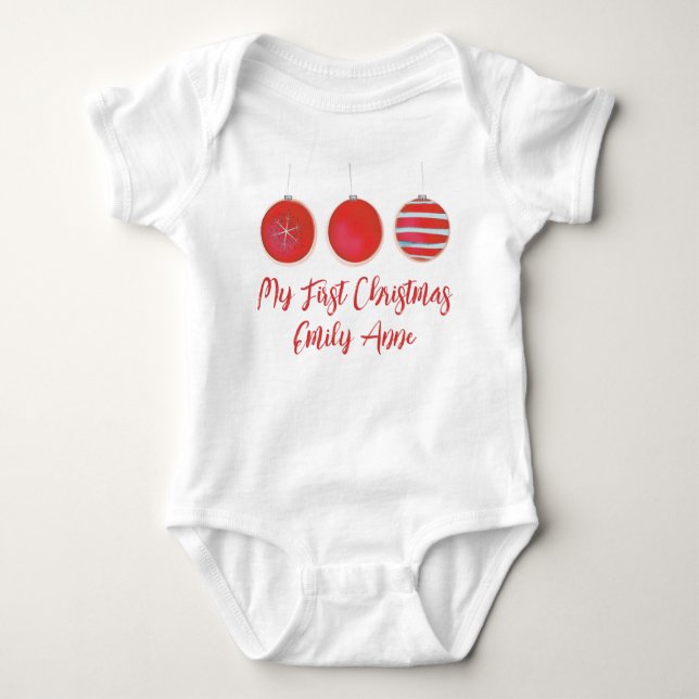 My First Christmas Cute Red Ornaments Custom Baby Bodysuit (Front)