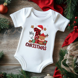 My First Christmas Cute Reindeer Red Plaid Baby Bodysuit