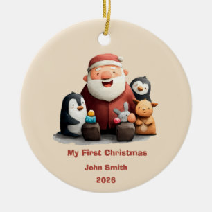 My First Christmas Cute Santa & Animals Ceramic Ornament