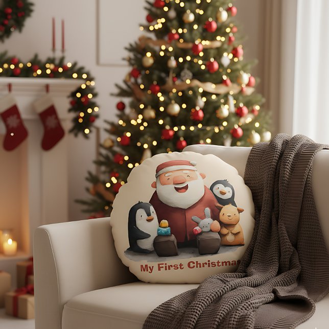 My First Christmas Cute Santa & Animals Round Pillow (Creator Uploaded)